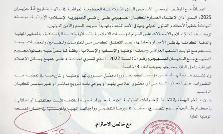 هيئة الإعلام تُحذر من تجاوز الثوابت الوطنية في تغطية الصراع مع الكيان الصهيوني وتتوعد بعقوبات للمخالفين